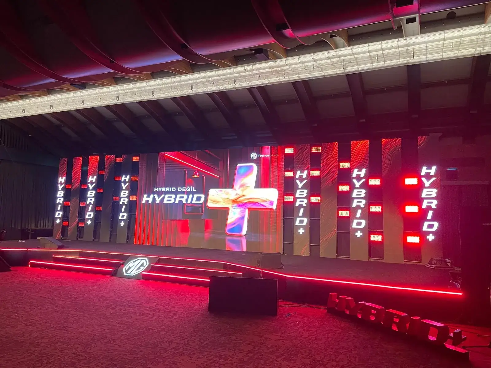 Product launch stage with LED visuals and event lighting